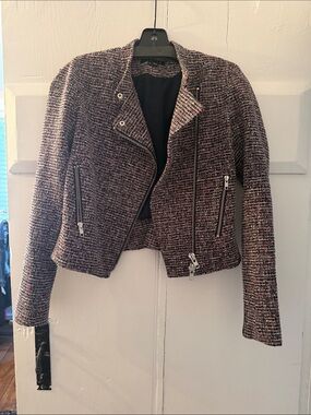 Theory Pink and Black Tweed Moto-Style Blazer